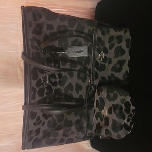 COACH Leopard Zip Tote, Wristlet, and Cosmetic Pouch Set.